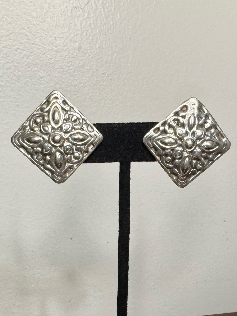 Sterling Silver Embossed Floral Square Clip-on Earrings